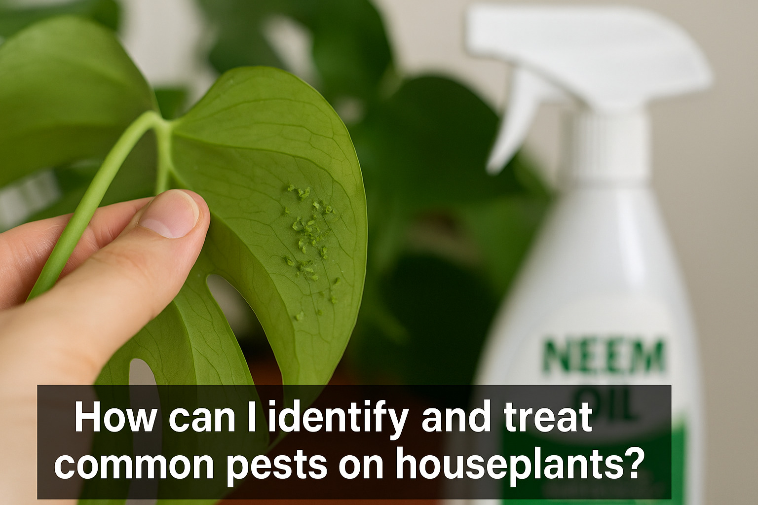 Close-up of houseplant leaf with visible aphid infestation being inspected by hand, with neem oil spray bottle in background — demonstrating how to identify and treat common pests on indoor plants.